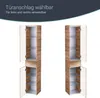Two tall, narrow bathroom cabinets shown side-by-side, with doors open to reveal shelves and a drawer. Text overlay at the top describes a feature. Produktbild-Vorschau