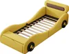 A yellow car-shaped bed with a slatted base and a brown headboard, shown against a white background. Produktbild-Vorschau