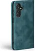 A teal-colored flip case for a smartphone is shown from a side-angle. Produktbild-Vorschau