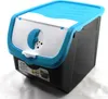 A black storage box with a blue lid and white front panel, designed for storing potatoes and onions. Produktbild-Vorschau