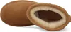 A top-down view of a brown suede boot lined with fluffy tan material. Produktbild-Vorschau