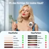 A woman is holding an IPL hair removal device while a chart displays skin and hair colors suitable for the treatment. Produktbild-Vorschau