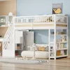 A white loft bed with integrated storage and a sofa is set up in a child's room with blue walls and wooden accents. Produktbild-Vorschau