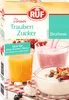 A product shot of RUF Traubenzucker (Dextrose) with images of food and drinks it can be used with. Produktbild-Vorschau