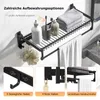 A black bathroom shelf with various items, including towels, soap, and toothbrushes. Multiple detail shots highlight its features. Produktbild-Vorschau