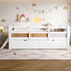 A white loft bed with drawers and a ladder in a child's bedroom, decorated with clouds and a banner. Anteprima dell’immagine prodotto