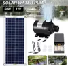 A solar water pump kit displayed with a solar panel, pump, battery holder, and cables, along with lifestyle images of fountains. Produktbild-Vorschau