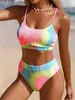 Damen Bikini Set U Ausschnitt High Waist Batik Regenbogen Produktbild-Vorschau 3