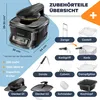 A marketing image showcasing a multi-cooker and its accessories with dimensions and specifications. Produktbild-Vorschau