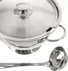 A close-up shot of a stainless steel soup tureen with its lid on, and a ladle positioned below it. Podgląd zdjęcia produktu