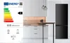 An energy efficiency label for a refrigerator is shown next to a black refrigerator in a kitchen setting. Produktbild-Vorschau