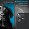 A marketing image showcasing a phone camera lens protector with a dog image on the phone screen. Produktbild-Vorschau