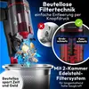A close-up marketing image of a cordless stick vacuum cleaner, showing its dustbin and filter system with animated debris being sucked in. Voir les images du produit