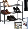 A black metal shoe rack with three shelves, displaying various shoes on each shelf. A smaller shoe rack is shown in the bottom right corner, along with a box for the product. Produktbild-Vorschau