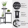 A black metal plant stand with three tiers, holding potted plants, with close-up details of its features. Náhľad obrázku produktu