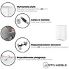 Collage of images showcasing features of a white cabinet, including its material, assembly, accessories, and care instructions. Podgląd zdjęcia produktu