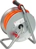 A close-up view of an orange electrical cord wound around a silver reel, mounted on a gray metal stand with red accents. Produktbild-Vorschau