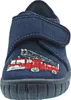 A close-up view of a child's blue slipper with a red fire truck embroidered on it. Produktbild-Vorschau