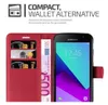 A red wallet-style phone case with a Samsung phone inside, showing card slots and money compartment. Produktbild-Vorschau