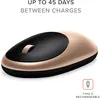 A product shot of a gold and black wireless mouse with text overlays. Produktbild-Vorschau