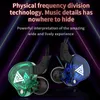 Two transparent earphones, one green and one blue, are displayed against a dark, abstract background with purple and blue light streaks. Produktbild-Vorschau