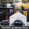 A collage showing a white carport with cars inside, contrasted with different weather conditions (rain, snow, sun, wind) affecting houses and cars. Produktbild-Vorschau