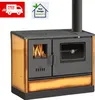 A wood-burning stove with an oven and stovetop, presented on a white background with marketing overlays. Produktbild-Vorschau