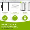 A marketing image showcasing a metal safety gate with feature callouts and icons. Náhled obrázku produktu