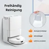 A robot vacuum cleaner docking station with a dust bag being held up. Produktbild-Vorschau
