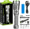 The image shows the packaging of a Vayox tactical LED flashlight, along with the flashlight itself, a battery, and a charging cable. Produktbild-Vorschau