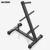 A black weight plate rack with multiple arms for holding weight plates, shown from a slightly elevated diagonal angle against a white background. Produktbild-Vorschau
