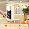 A cream-colored electric kettle with a digital display and a hand touching the screen, set against a blurred background of a kitchen or dining area. Several small cups with different beverages are lined up at the bottom, illustrating various functions. Produktbild-Vorschau