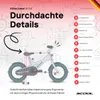 A diagram of a children's bicycle with various measurements and labels, set against a background with hand-drawn elements and a tic-tac-toe grid. Produktbild-Vorschau