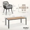 Diagram showing the dimensions of a garden seating set including a table and chairs, with a top-down view of the arrangement. Podgląd zdjęcia produktu