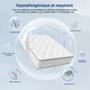Collage of a mattress with icons and text highlighting its features. Voir les images du produit