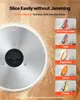 A close-up of a circular serrated blade with sparks flying, next to a series of smaller images showing different food items being sliced. Náhled obrázku produktu