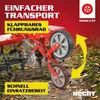 A red garden tiller with a yellow arrow indicating movement, set on a dirt path with fallen leaves. Produktbild-Vorschau