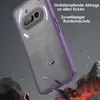 A phone case is shown falling towards rocks and fire, illustrating its protective qualities. Produktbild-Vorschau
