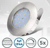 A close-up, angled view of a round, silver LED recessed light fixture with multiple small orange LED lights visible behind a clear cover. Below the fixture are four circular icons with text and symbols. Náhled obrázku produktu