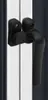 Close-up of a black window handle and latch mechanism against a white and gray background. Produktbild-Vorschau