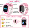 Diagrams showing how to use and insert a SIM card into a pink smartwatch. Produktbild-Vorschau