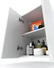 An open white cabinet with shelves displaying various toiletries and a box of laundry detergent. Voir les images du produit