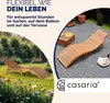 A split image showing wooden lounge chairs in a garden and on a patio. Produktbild-Vorschau