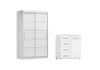 A white wardrobe and a white chest of drawers are displayed against a white background. Produktbild-Vorschau