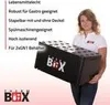 A woman is holding a black insulated box with text and logos on it. There is also text on the left side of the image describing the product's features. Produktbild-Vorschau