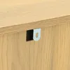 A close-up view of a wooden cabinet with a metal bracket and a cable opening. Voir les images du produit