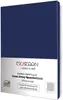 A product image of a navy blue fitted sheet with packaging information at the bottom. Produktbild-Vorschau