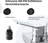 A close-up of a chrome faucet with accompanying text and icons highlighting product features. Produktbild-Vorschau