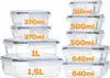 A collection of glass food storage containers of various sizes, stacked and arranged for display. Podgląd zdjęcia produktu