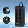 A black power strip with multiple outlets and USB ports, shown against a gradient blue and white background. Insets show close-ups of USB ports. Produktbild-Vorschau